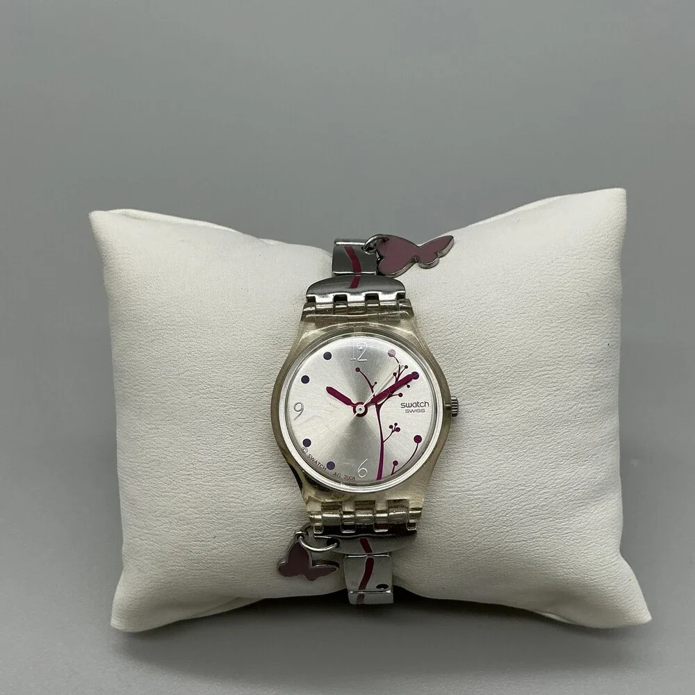 Swatch Butterfly 2009 Womens Watch 25mm Silver Tone Pink Charm New Battery 6.75